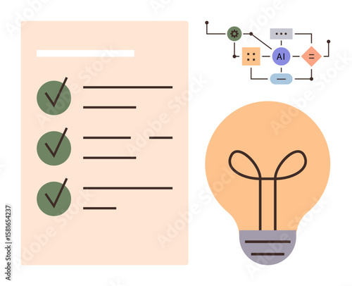 Checklist with green checkmarks, AI workflow diagram, and light bulb emphasize task completion, AI systems, and innovation. Ideal for productivity, organization, technology, automation creativity