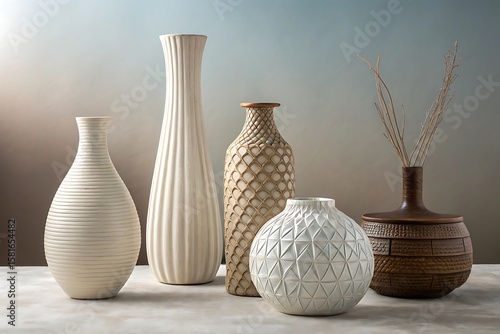 Elegant still life showcasing decorative vases in neutral tones, ideal for home decor or interior design inspiration.