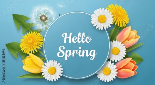Hello Spring Floral Design Daisies Tulips Dandelions Blue Background