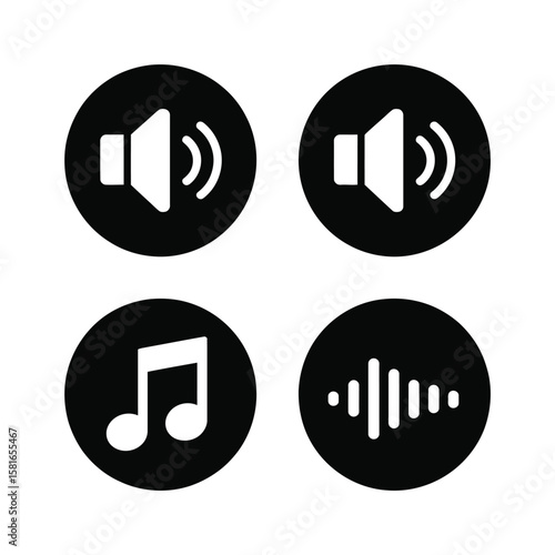 Set of four circular icons representing sound and music symbols