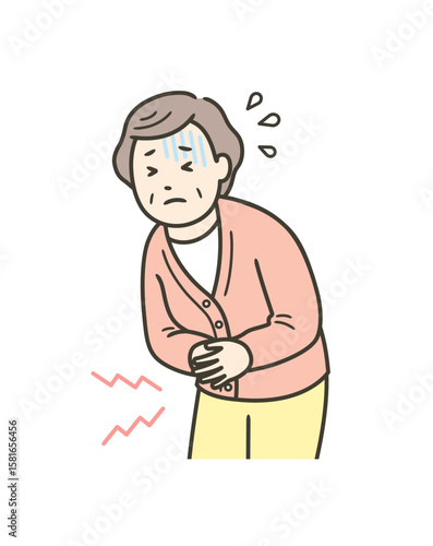 腹痛でお腹を押さえて苦しむ高齢女性の上半身イラスト
