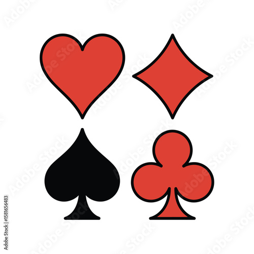 Four classic playing card suits hearts diamonds spades and clubs isolated on white