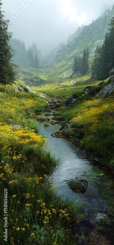Beautiful natural images with valley water and wild flowers