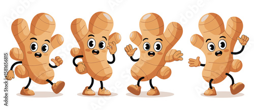 Four cheerful cartoon ginger root characters with arms and legs dancing and waving