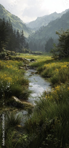 Beautiful natural images with valley water and wild flowers