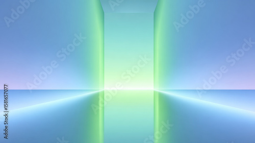 Soft glowing gradient room with blue and green light reflecting on smooth floor, creating calm and futuristic atmosphere