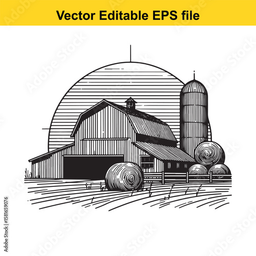 A farm with a barn, silo, and hay bales at sunset