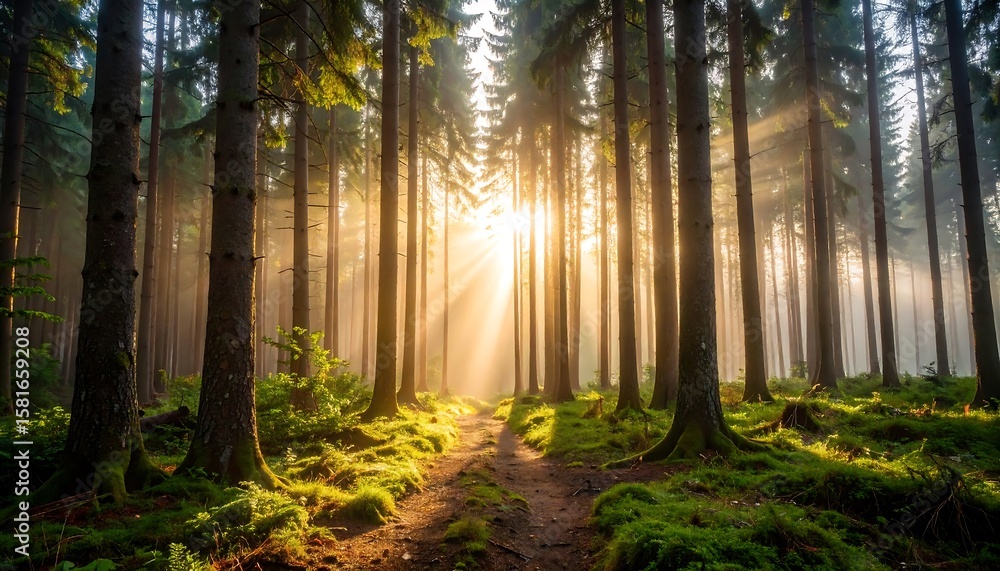 Obraz premium Sunlight streams through misty forest