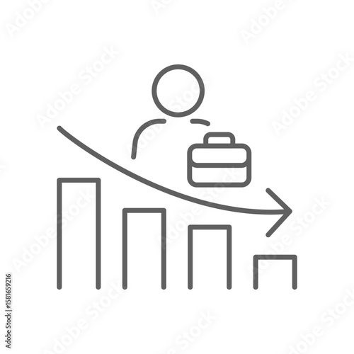 Job Market Downturn Icon. Outline Style. Editable Stroke Vector. Employee with Briefcase on Declining Bar Chart. Labor Shortage Crisis. Workforce Loss and Employment Reduction. Economic Impact Concep