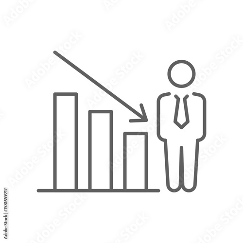 Employment Decline Icon. Outline Style. Editable Stroke Vector. Worker Beside Downward Bar Graph. Labor Shortage Impact. Productivity Drop. Job Market Crisis. Workforce Reduction and Business Loss Co