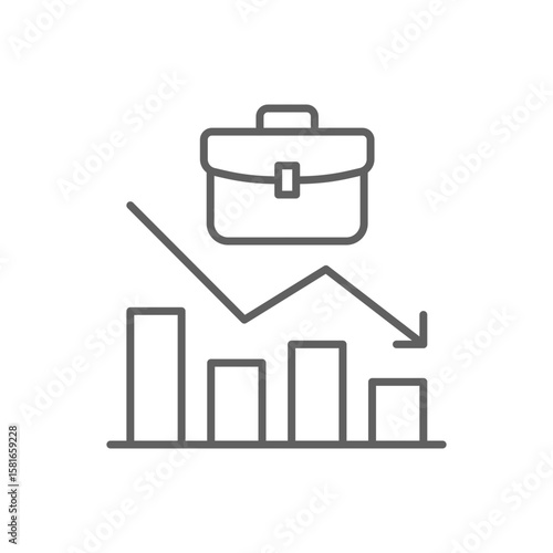 Declining Job Market Icon. Outline Style. Editable Stroke Vector. Briefcase with Downward Bar Graph. Labor Shortage Problem. Employment Drop. Career Crisis Symbol. Business Productivity Decline Illus