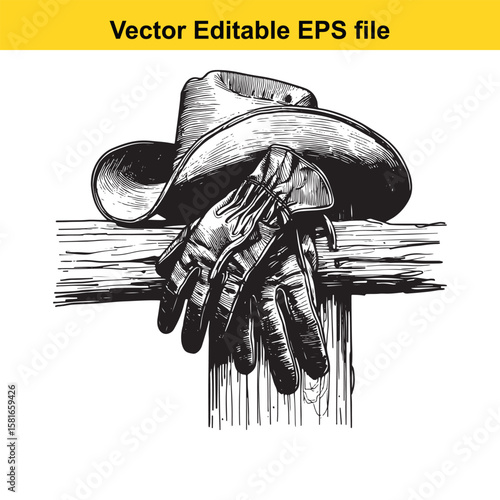 A cowboy hat and leather gloves on a wooden post