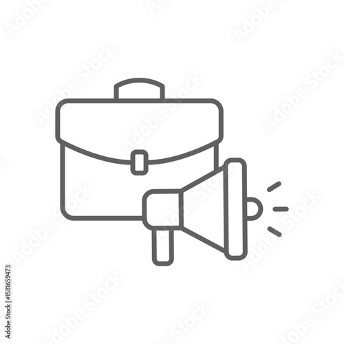 Workforce Hiring Icon. Outline Style. Editable Stroke Vector. Job Announcement with Briefcase and Megaphone. Labor Shortage Problem. Recruitment Message Symbol. Staff Search and Employment Alert.