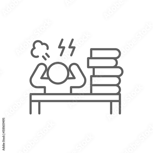 Frustrated Employee Icon. Outline Style. Editable Stroke Vector. Angry Worker at Office Desk with Paper Stack and Lightning Symbol. Labor Shortage Impact. Workplace Burnout and Pressure Illustration.