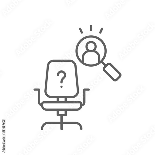 Hiring Search Icon. Outline Style. Editable Stroke Vector. Vacant Office Chair with Magnifying Glass Highlighting Candidate. Labor Shortage Crisis. Workforce Recruitment and Job Vacancy Concept.