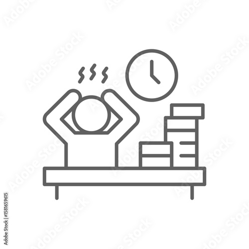 Overworked Employee Icon. Outline Style. Editable Stroke Vector. Stressed Worker at Office Desk with Paper Stack and Clock. Labor Shortage Crisis. Burnout Problem. Productivity Pressure Symbol.