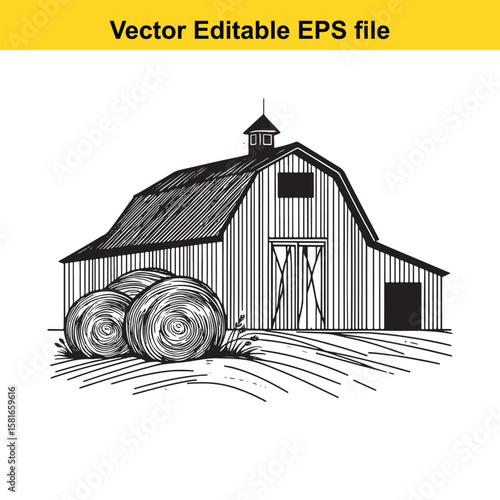 Barn with hay bales in a rural field