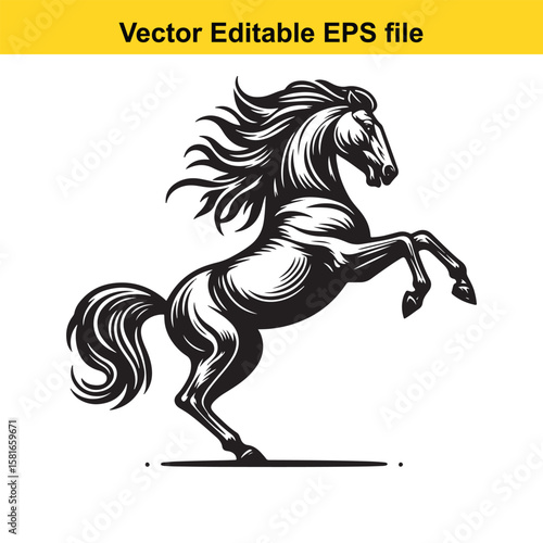 A powerful horse rearing with a flowing mane