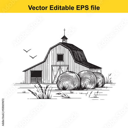 A rustic barn with hay bales in a field