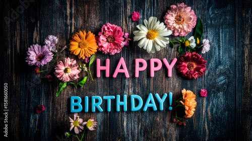 A beautiful arrangement of flowers in various colors and sizes, arranged to form the words 