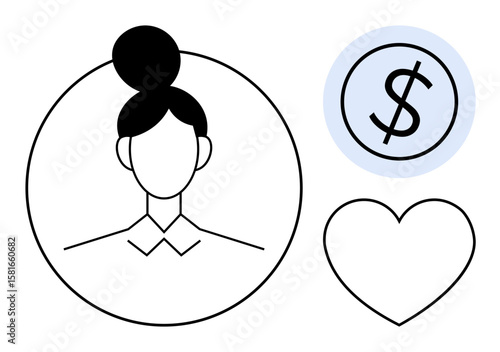 Outlined female avatar in formal attire inside a circle, a coin with a dollar sign, and a heart. Ideal for finance, banking, career, relationships, marketing service team-building. Simple flat