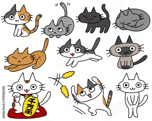 いろんな種類のかわいい手描き風の猫イラスト