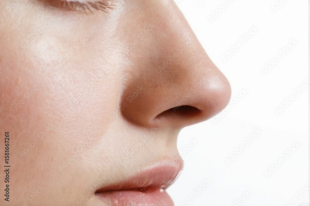 Obraz premium Closeup portrait of a woman's nose and lips with eyes closed on a white background, showcasing smooth wellgroomed skin.
