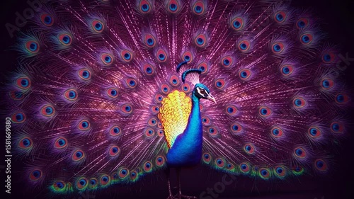 Colorful peacock displaying feathers in vibrant backdrop