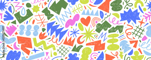 Colorful geometric seamless pattern with funky crayon drawn shapes. Abstract pencil doodle shapes, naive geometric figures and forms. Sketchy colorful seamless banner design. Kid's wrapping paper.