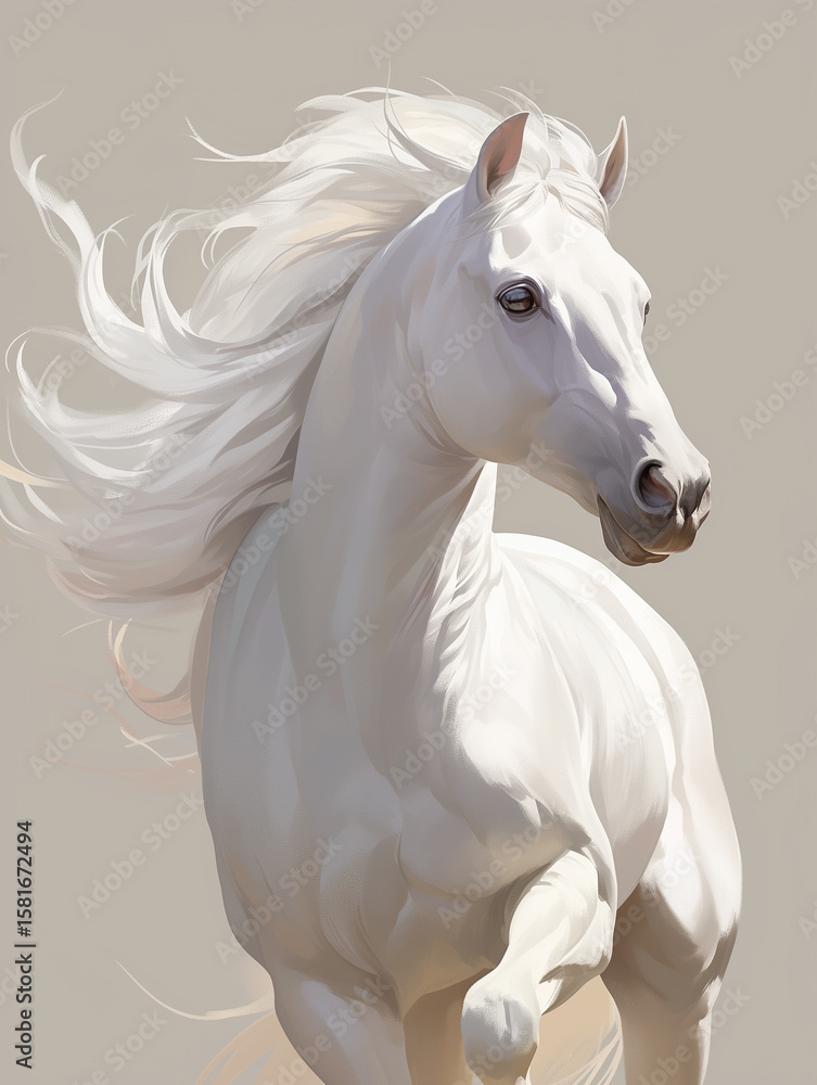 Fototapeta premium 美しい白馬が立つ幻想的で優雅なイラスト「生成AI」