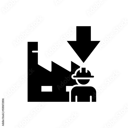 Manufacturing Workforce Decline Icon. Glyph Style. Vector. Factory with Down Arrow and Single Worker. Labor Shortage Crisis. Staff Reduction in Industry. Employee Drop and Productiv
