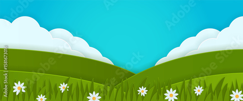 Beautiful summer landscape background. Fluffy clouds, blue sky, eco farmland. Green grass lawn farm field. Paper cut countryside hills. Rural agriculture scenery