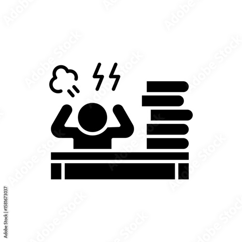 Frustrated Employee Icon. Glyph Style. Vector. Angry Worker at Office Desk with Paper Stack and Lightning Symbol. Labor Shortage Impact. Workplace Burnout and Pressure Illustration