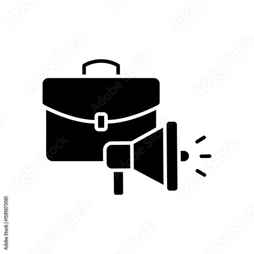 Workforce Hiring Icon. Glyph Style. Vector. Job Announcement with Briefcase and Megaphone. Labor Shortage Problem. Recruitment Message Symbol. Staff Search and Employment Alert