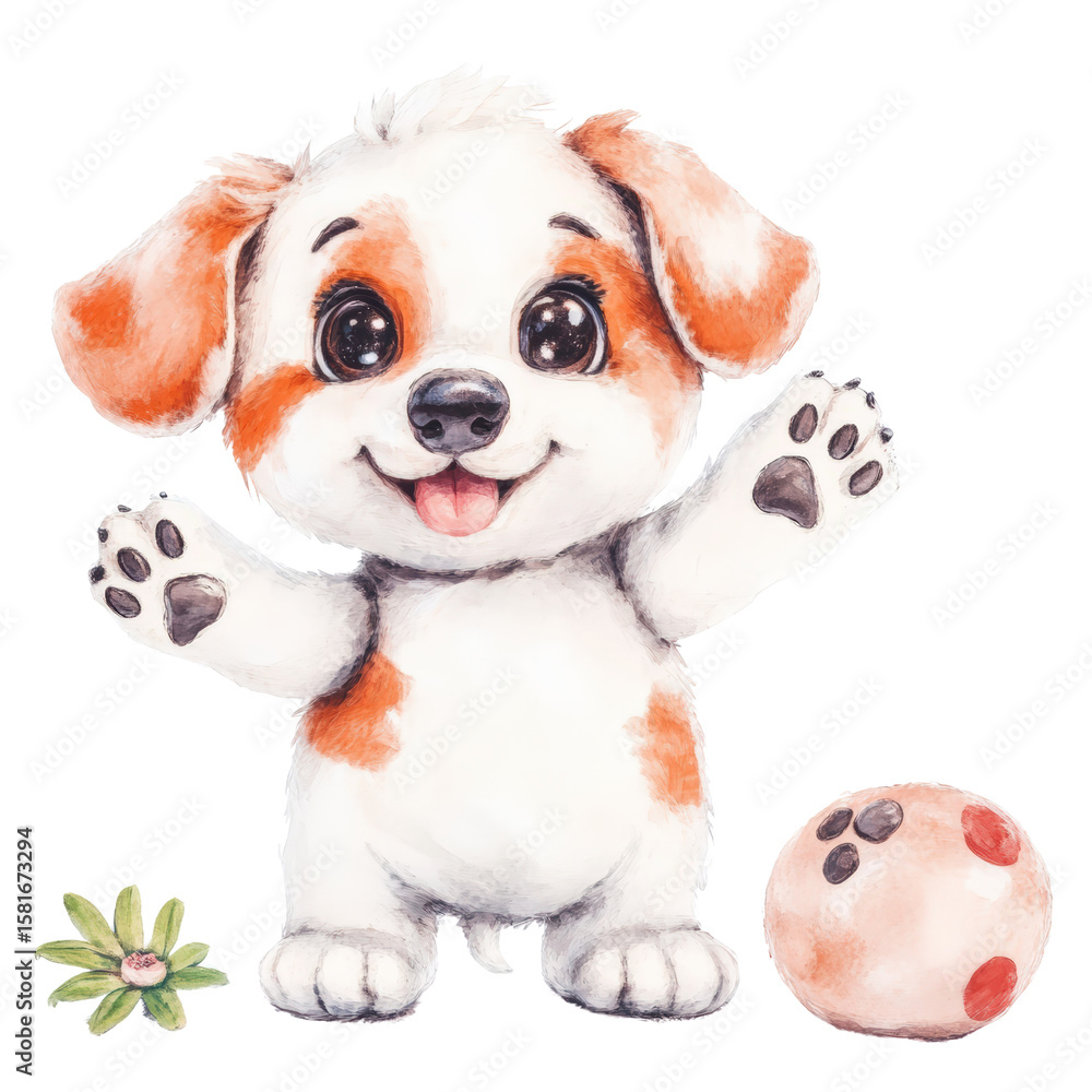 Fototapeta premium Adorable Cartoon Puppy Standing Upright with Big Eyes and Playful Expression on White Background
