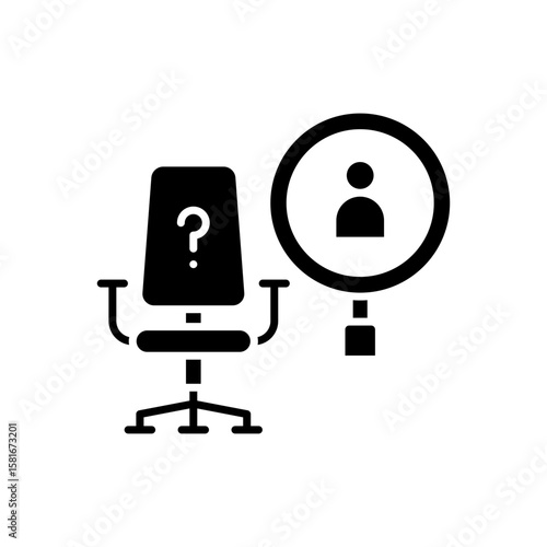 Searching for Employee Icon. Glyph Style. Vector. Vacant Office Chair with Magnifying Glass. Labor Shortage Concept. Recruitment Problem. HR Workforce Hiring Illustration