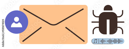Email envelope, user profile icon, malware bug, and data waveform highlight digital threats. Ideal for privacy, data protection, phishing, cybersecurity, hacking online risk simple flat metaphor
