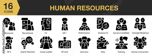 Human Resources solid icon set. Includes human, resource, job, leadership, people, and More. Solid icons vector collection.