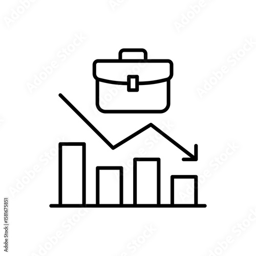 Declining Job Market Icon. Outline Style. Vector. Briefcase with Downward Bar Graph. Labor Shortage Problem. Employment Drop. Career Crisis Symbol. Business Productivity Decline Illus