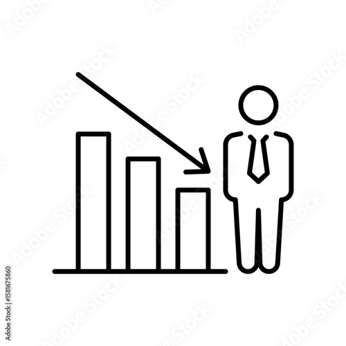 Employment Decline Icon. Outline Style. Vector. Worker Beside Downward Bar Graph. Labor Shortage Impact. Productivity Drop. Job Market Crisis. Workforce Reduction and Business Loss Co