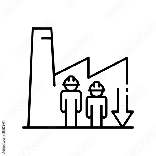 Industrial Worker Shortage Icon. Outline Style. Vector. Factory with Two Employees and Downward Graph. Labor Shortage Crisis. Staff Deficit in Manufacturing. Job Vacancy and Productiv