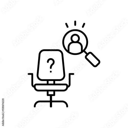 Hiring Search Icon. Outline Style. Vector. Vacant Office Chair with Magnifying Glass Highlighting Candidate. Labor Shortage Crisis. Workforce Recruitment and Job Vacancy Concept