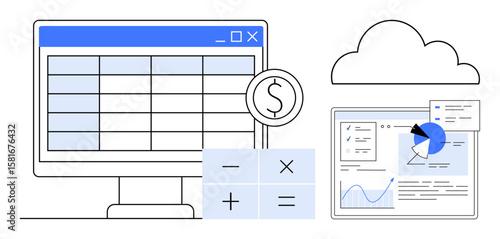 Computer screen displaying financial data, calculator symbols, cloud storage, reports with graphs. Ideal for finance, analytics, cloud-based systems, budgeting, accounting technology simple landing