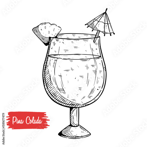 Hand drawn pina colada with pineapple garnish on white background