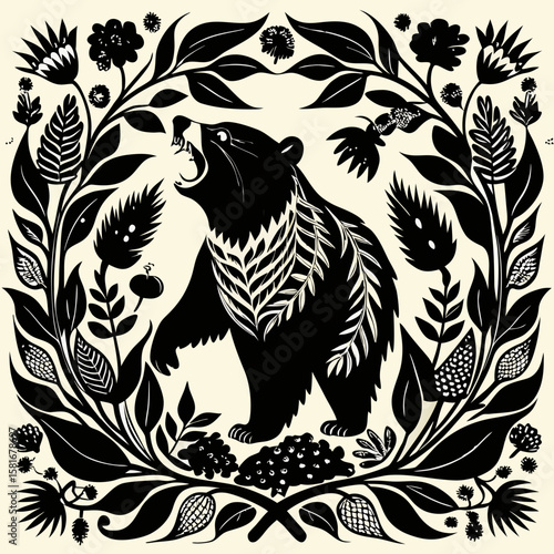 Ornate graphic of a black bear surrounded by flourishing floral elements, great for textile patterns, nature-themed designs, and logo concepts.