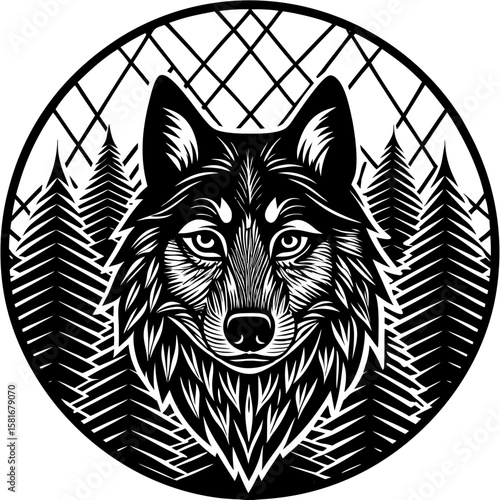 Black and white design showcases a majestic wolf portrait with forest trees, embodying nature's beauty and wild spirit within a circular frame.