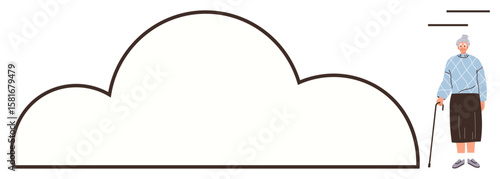 Elderly woman with a walking cane beside a large cloud outline, symbolizing memory, technology, healthcare, aging, reflection, digital storage, family. Ideal for concepts of aging memory