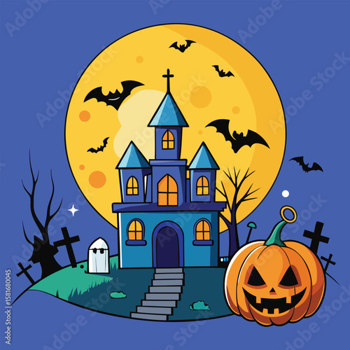 Halloween haunted house illustration with full moon and jackolantern