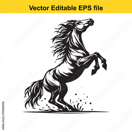 A powerful black and white illustration of a rearing horse