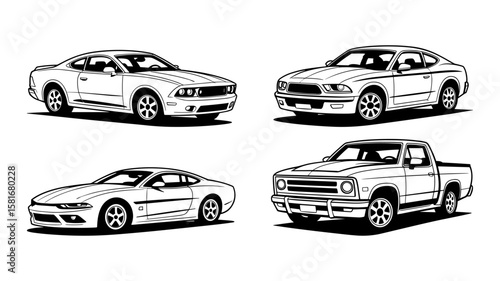 Collection of four classic american muscle cars and trucks isolated on white background